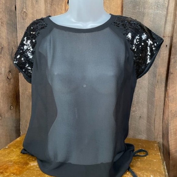 Fun & Flirt Sheer Top with Sequin Sleeves and Gathered Bottom - Size Small - Picture 2 of 10